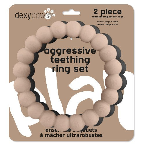 Dexypaws Jouet à mâcher durable pour chien - Duo d'anneaux, Beige & noir