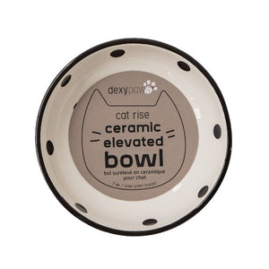 Dexypaws Bol surélevé en céramique pour chat 8.7 oz, Blanc avec imprimé de pois noirs