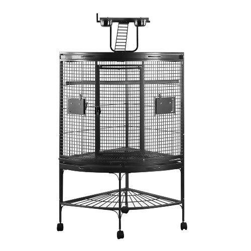 Cage HARI de coin à toit avec aire de jeu pour perroquets, noir et gris argenté antique, L. 94 x l. 66 x H. 159 cm (37 x 26 x 62 po)