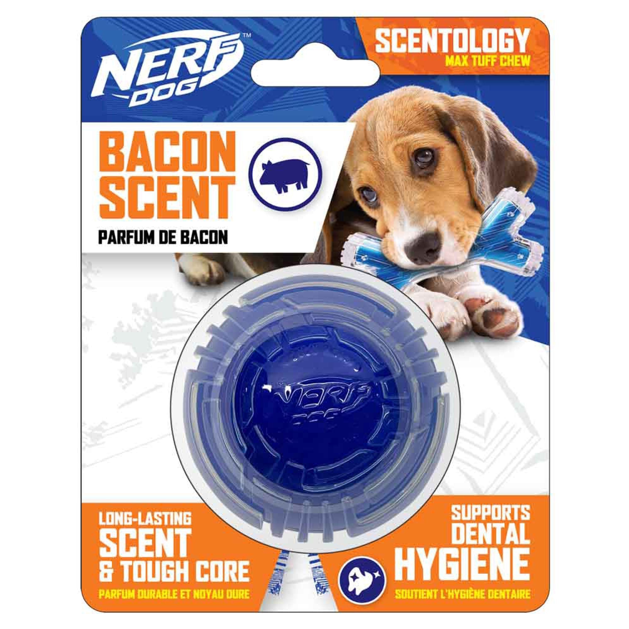 Balle Scentology Nerf Dog, parfum de bacon, bleu, Diam. 6,3 cm (2,5 po -  Boutique Le Jardin Des Animaux